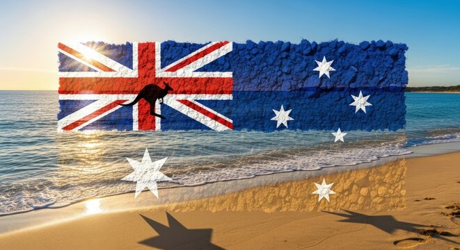 Australian flag shape with kangaroo jumping, floating over ocean waves on a sunny beach, symbolizing national day celebration and identity.