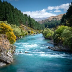 Serene river flowing through lush green trees.