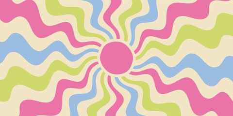 Groovy retro sun in wavy colorful flat burst style. Funky sunshine background with y2k graphic and vibrant abstract rays. Horizontal format ideal for bright summer and vintage themed projects.