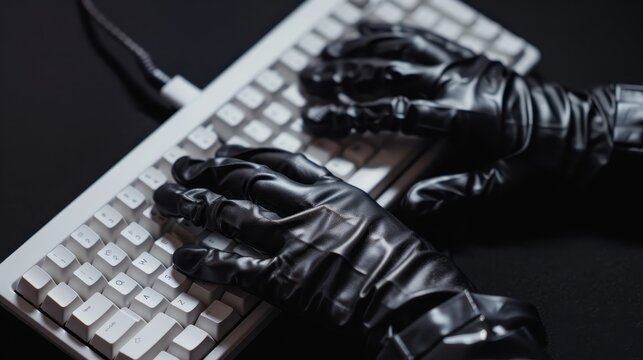 Gloved hands typing on white mechanical keyboard. AI-generated. - Powered by Adobe