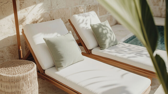 Wooden sun loungers with cosy cushions and wooden coffee table under umbrella in an outdoor poolarea