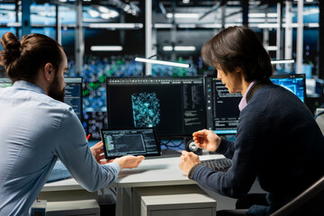 Server farm IT workers deploying artificial intelligence tools to automate repetitive workflows. Data center engineers use tablet, managing datasets used in AI training procedures to streamline tasks