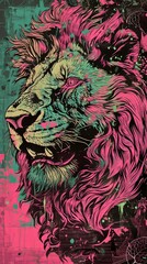 Stylized lion head illustration in neon pink and teal colors. Vertical artistic graffiti style portrait of a wild animal profile. Modern pop art background