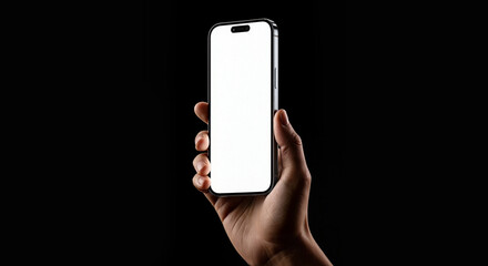 Hand showing smartphone with blank screen isolated on black background. Concept for business...