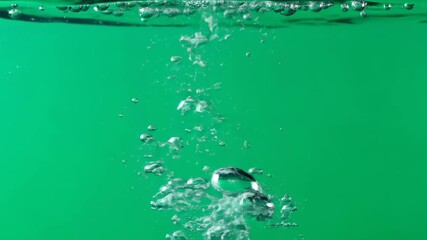 Clear air bubbles ascending in liquid on green background for overlay effect. Movement of gas spheres from below water surface. Motion render texture. - Powered by Adobe