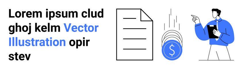 Financial planning, economic strategy, business documentation, wealth management, decision-making, corporate growth. Document and falling coins near a man pointing. Financial planning and economic