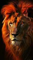 Fototapeta premium Close-up portrait of a majestic male lion with a fiery orange mane. Vertical photo of a wild animal face isolated on a black background. Symbol of strength and power
