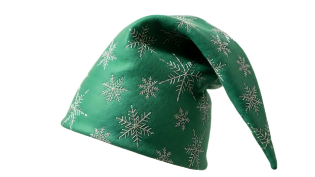 A green christmas hat with white snowflake patterns on a black background in a studio shot view