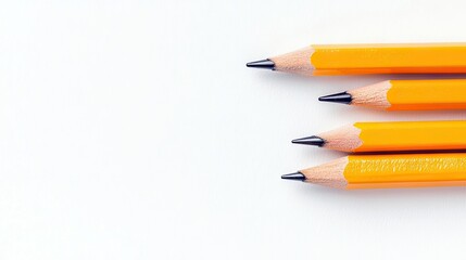 Close-up of four yellow pencils with sharpened tips arranged on a white background, creating a minimalist composition.