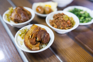 Taiwan local braised pork rice with side vegetables