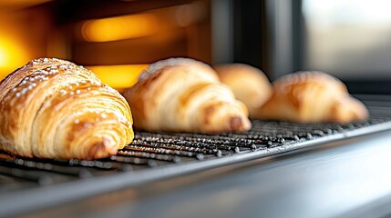 Close-up shot of several freshly baked croissants on a metal rack inside an oven, with warm, inviting lighting.