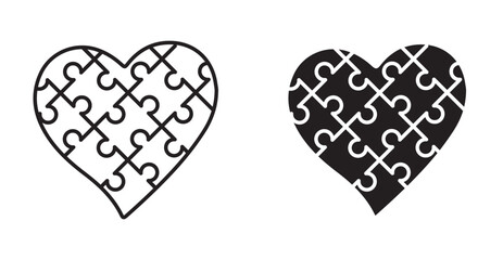 Love Puzzle Icon Set. Love puzzle vector symbol in black filled and outlined style.