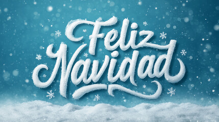 Feliz Navidad winter lettering on snowy blue background with sparkling snowflakes, festive Spanish holiday banner for seasonal greetings