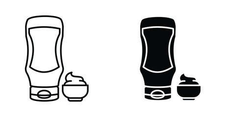 Mayo Sauce Bottle Icon Set. Mayo vector symbol in black filled and outlined style.