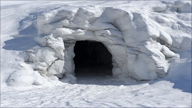 Dark Cave Entrance in a Snow-Covered Winter Landscape