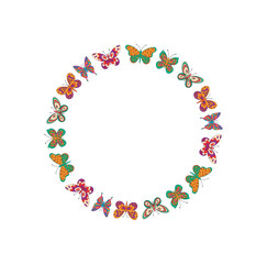Groovy retro butterfly in colorful floral circle frame, seamless border and y2k nature style pattern. Graphic art forms bright pattern with flower and vibrant decorative edge, modern trendy accent.