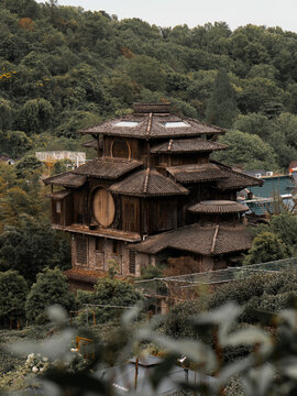 View of a tiered traditional wooden building with dark tiled roofs nestles amongst lush green trees, creating a serene and timeless scene, Hangzhou, Zhejiang, China.