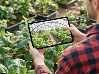 Farmer using tablet managing smart agriculture in greenhouse
