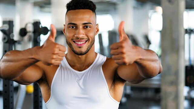Fitness Enthusiast's Thumbs-up: A muscular individual beams with confidence, showcasing an enthusiastic thumbs-up gesture inside a modern fitness studio.