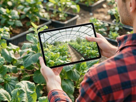 Farmer using tablet managing smart agriculture in greenhouse