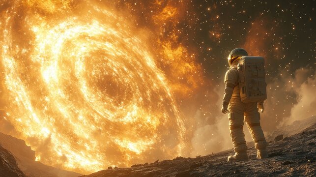Astronaut fantasy standing on the surface of a distant planet, immersed in the awe-inspiring vista of a star-filled sky.