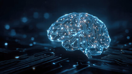 A glowing, futuristic digital brain with intricate circuit patterns and pulsating nodes, symbolizing artificial intelligence, data processing, and advanced neural networks.