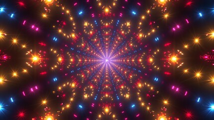 Abstract neon light kaleidoscope background with radial geometric pattern. Futuristic glowing tunnel of colorful stars and laser beams. Disco party concept