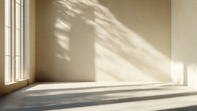Empty room bathed in warm sunlight, creating captivating shadows on cream walls and concrete floor from a tall window. Serene, minimalist ambiance.