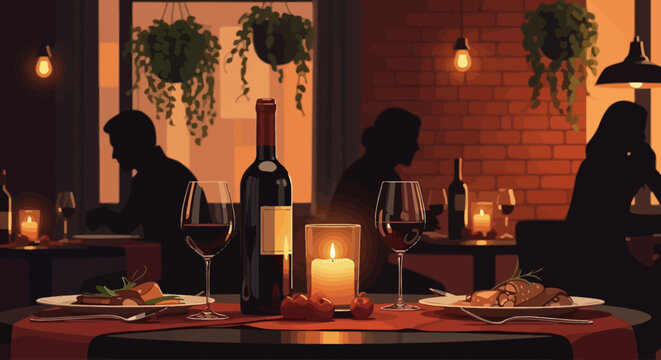 Romantic dinner setting with wine and candles in a dimly lit restaurant, featuring silhouettes of other diners and warm ambiance.