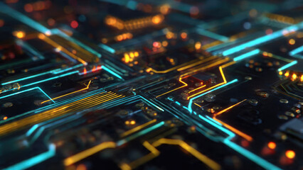 An abstract, futuristic circuit board pulsates with glowing cyan and orange lines, representing data flow and interconnected digital technology world.