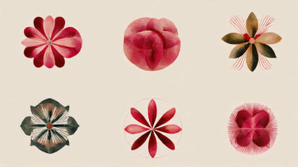 Six stylized, abstract botanical illustrations with geometric symmetry. Features vibrant red, pink, brown, and dark green hues. Elegant vintage-inspired floral motifs on a light background.