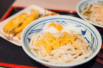Japanese cold udon noodles served with sauce