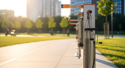 Urban public bike repair station in a sunny city park for sustainable ecology concept and eco-friendly urban mobility