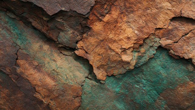 Natural stone texture exhibiting rugged brown and orange layers with striking teal mineral deposits and deep fissures, creating an earthy abstract.