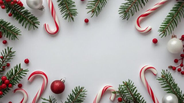 Christmas frame with candy canes, ornaments, and fir branches on white background.