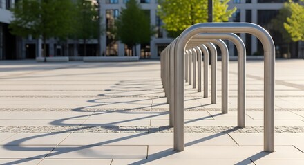 Empty bike racks in a sunny city square for sustainable urban mobility concept and modern ecological living