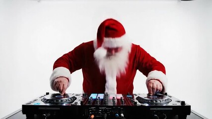 Santa Claus in red costume DJing on professional turntables in white studio, mixing holiday beats with festive energy and modern vibe