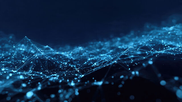 An abstract digital network with glowing blue interconnected dots and lines on a dark background, symbolizing data, technology, global connections, and the digital future.