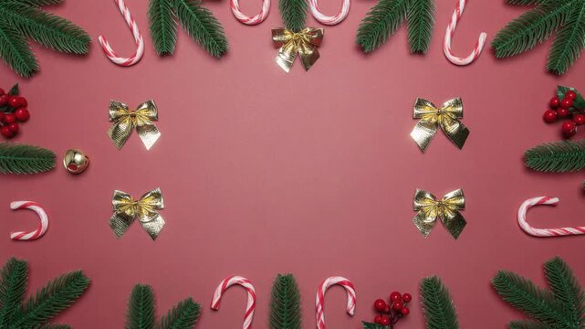 A festive Christmas border with fir branches, candy canes, gold bows, and red berries on a pink background.