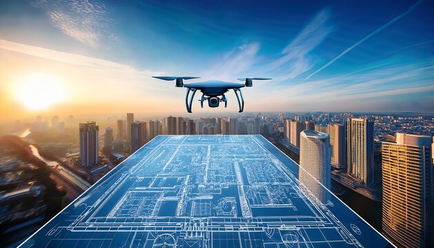 creative representation of architecture of a drone placed over blueprints of a city security innovation and precision in structural design