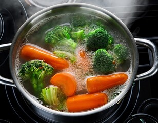bright green and orange veggies bubble in boiling water creating an energetic vibe