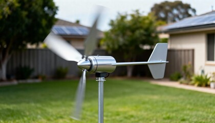 Medium shot capturing the sleek blades of a horizontal axis wind turbine in a backyard highlighting efficient harnessing of wind for home energy needs.