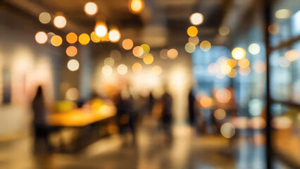 Blurred image of an indoor space, possibly a cafe or office, featuring warm bokeh lights and indistinct human figures, creating a soft, inviting atmosphere.