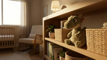 Real Plush Toy Shelf Scene With Cute Dragon Mascot – Cinematic Nursery Look