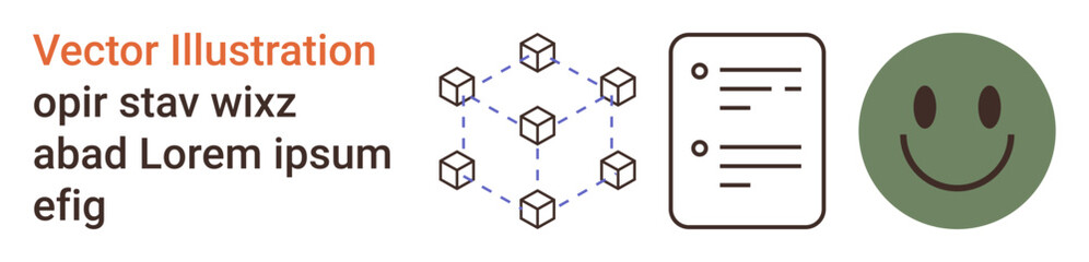 Fototapeta premium Blockchain, data management, positivity, document organization, visual , conceptual design. Image shows connected cubes, list document and a green happy face. Blockchain and data management concepts