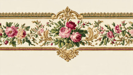 Elegant vintage border with lush pink roses, green foliage, and ornate golden rococo scrollwork on a creamy background, exuding classic charm.