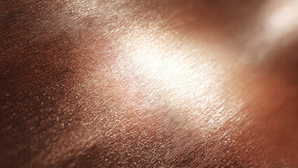 Fototapeta premium Close-up of warm, bronzed human skin, intricately textured and glistening with a radiant sheen of moisture or sweat.