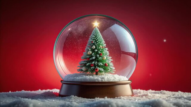 A festive Christmas snow globe with a decorated tree and a glowing star sits on a snowy surface against a vibrant red background.
