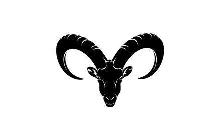 Black Ram Head Silhouette with Large Horns on White Background.