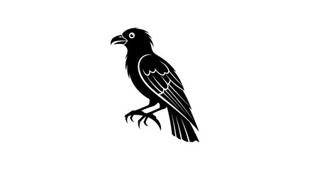 Black Raven Silhouette Perched Against White Background.